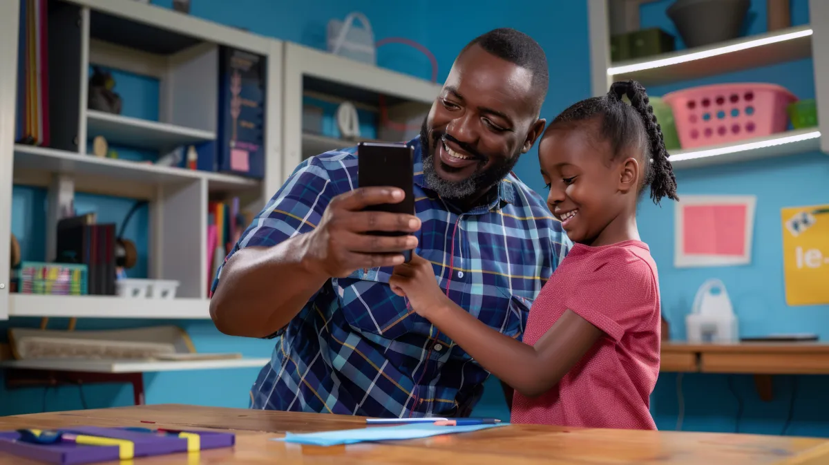 A parent and a young pupil looking at a phone together in a classroom in Ghana. FastPay sends parents an SMS receipt for every fee payment.
